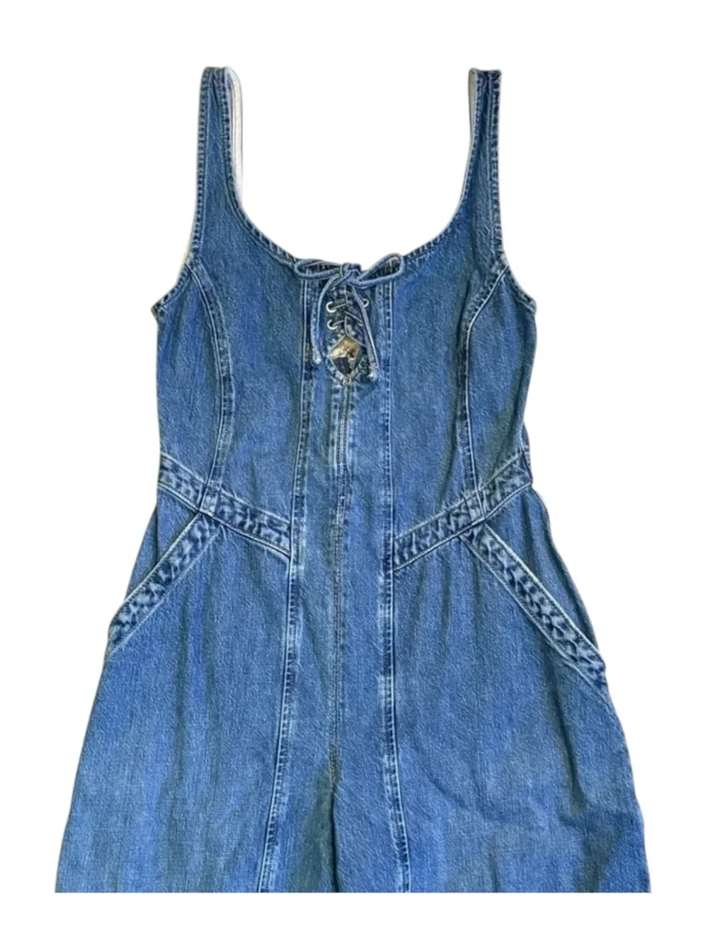 Free People x We The Free Amina Denim Wide Leg & Lace-Up Jumpsuit